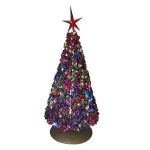 Vintage Beaded Sequin Christmas Tree Table Top MCM Brass Base Added Vtg Star 12"